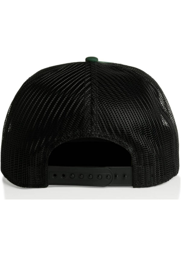 Back view of a black mesh trucker hat with a plastic snapback strap and green button at the crown.