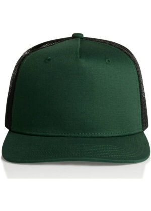 Green trucker cap with a solid front panel and black mesh back, brim facing forward.