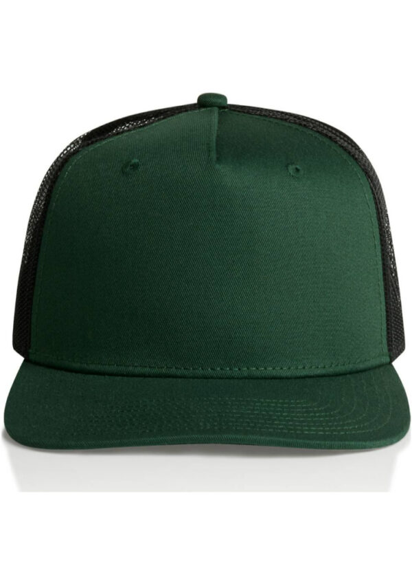Green trucker cap with a solid front panel and black mesh back, brim facing forward.