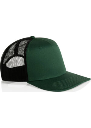 Green trucker hat with mesh back, curved brim, and button on top—casual cap for everyday wear