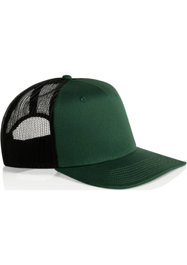 Green trucker hat with mesh back, curved brim, and button on top—casual cap for everyday wear