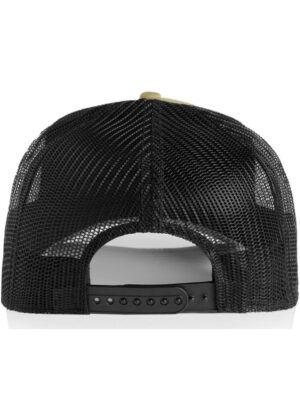Back view of a black mesh trucker hat with a plastic adjustable strap.