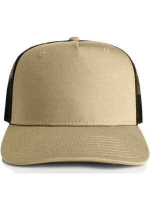 Beige trucker cap with black mesh back, viewed from the front and brim in clear focus.