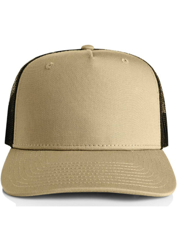 Beige trucker cap with black mesh back, viewed from the front and brim in clear focus.