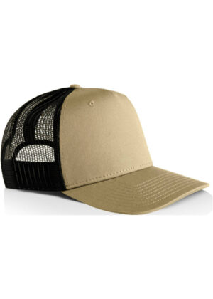 Tan and black mesh trucker hat with curved brim, front panel solid tan and mesh back