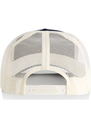 Back view of a cream-colored mesh snapback hat with an adjustable plastic strap and small hole openings at the back