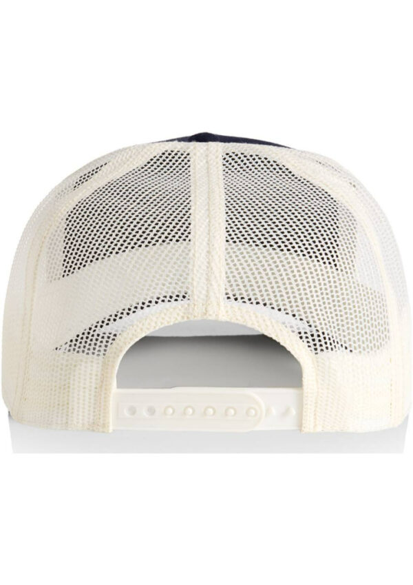 Back view of a cream-colored mesh snapback hat with an adjustable plastic strap and small hole openings at the back