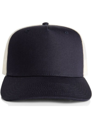 Front view of a navy blue baseball cap with a white mesh back, blank front panel, curved brim showing stitching details.