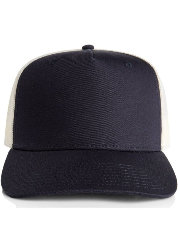 Front view of a navy blue baseball cap with a white mesh back, blank front panel, curved brim showing stitching details.