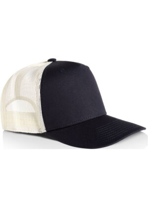 Black trucker cap with a curved brim and white mesh back, front panel solid black.