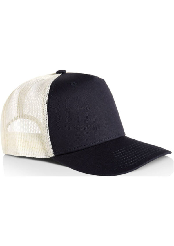 Black trucker cap with a curved brim and white mesh back, front panel solid black.