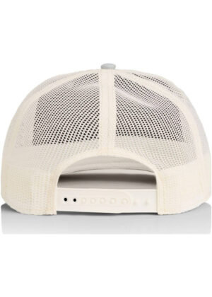 Back view of a cream mesh trucker hat with an adjustable snapback.