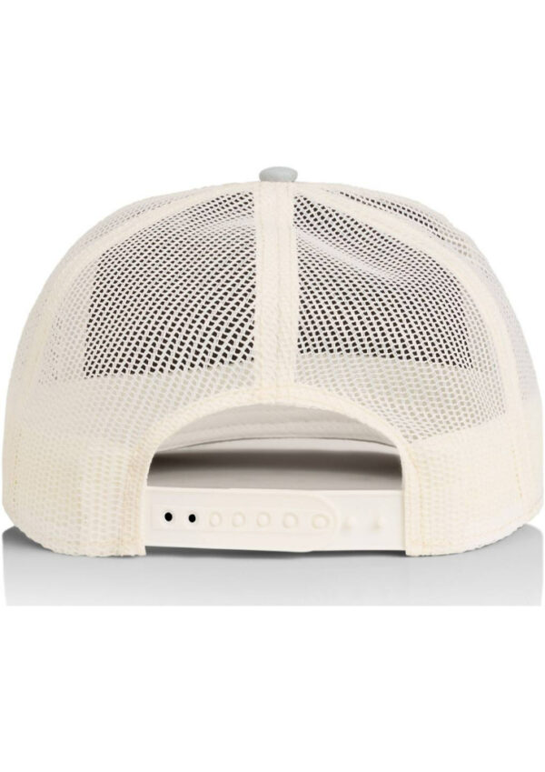 Back view of a cream mesh trucker hat with an adjustable snapback.