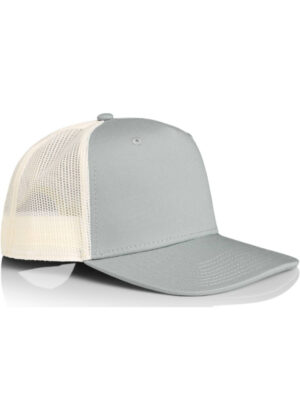 Gray trucker cap with a light beige mesh back, curved brim, and unstructured crown (front panel is solid gray).