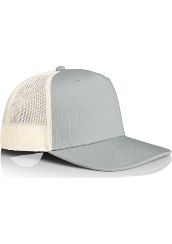Gray trucker cap with a light beige mesh back, curved brim, and unstructured crown (front panel is solid gray).