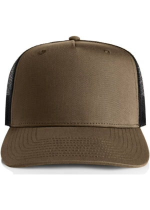 Front view of a brown trucker cap with black mesh back and curved brim, worn on a white background.