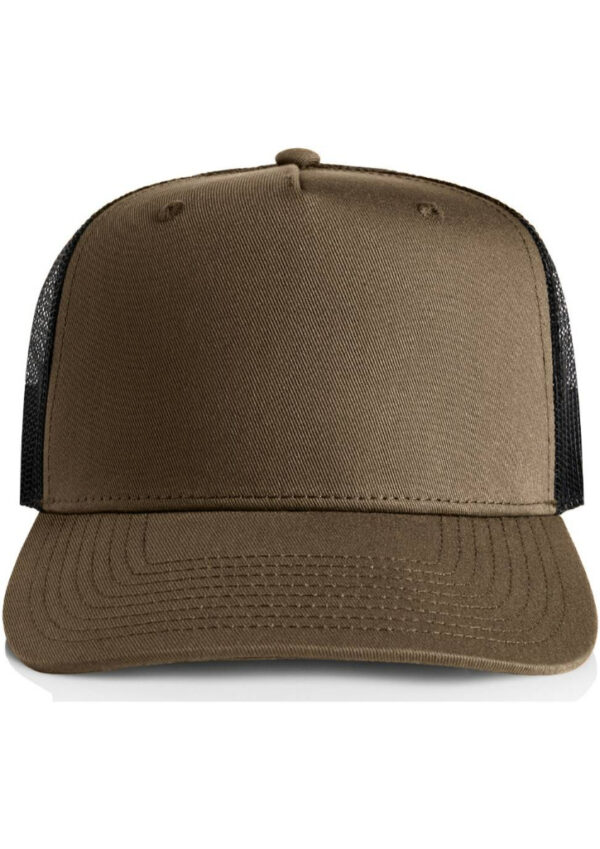 Front view of a brown trucker cap with black mesh back and curved brim, worn on a white background.