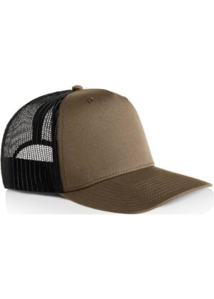 Brown front-panel trucker cap with black mesh back on a white background
