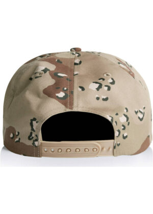 Back view of a desert camouflage baseball cap with an adjustable beige strap.