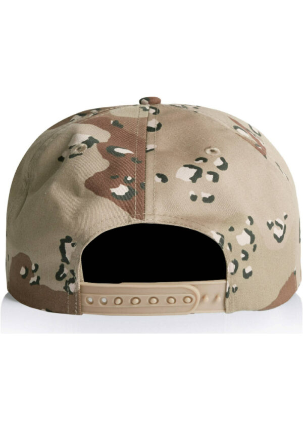 Back view of a desert camouflage baseball cap with an adjustable beige strap.