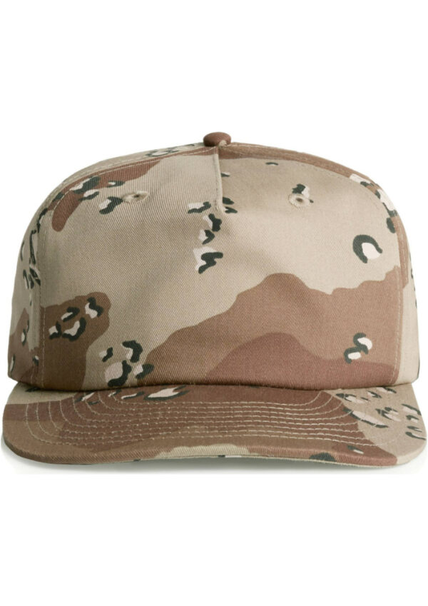 Desert camouflage baseball cap viewed from the front with a curved brim and button on top.