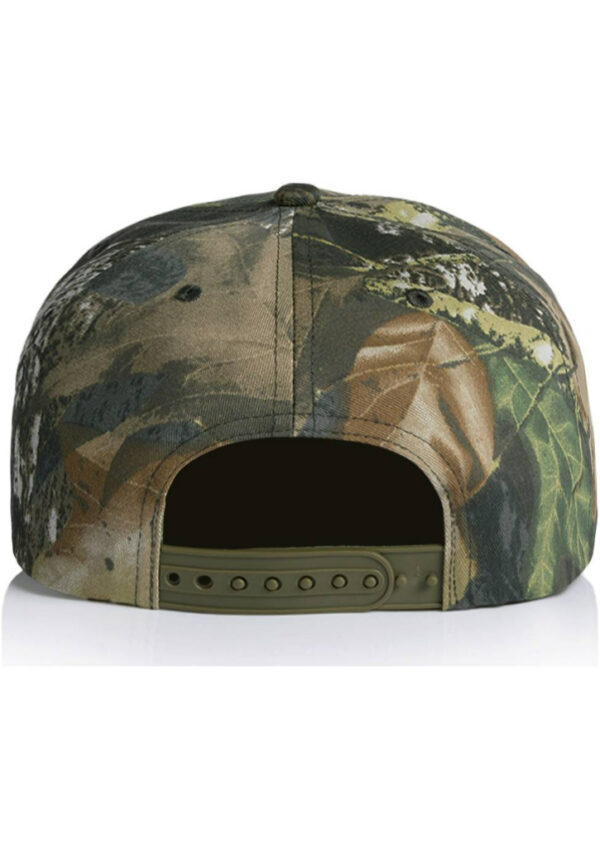 Back view of camouflage baseball cap with a green plastic adjustable strap and vent holes at the top.