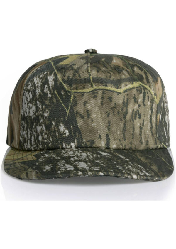 Camouflage baseball cap on a white background, front view with curved brim.