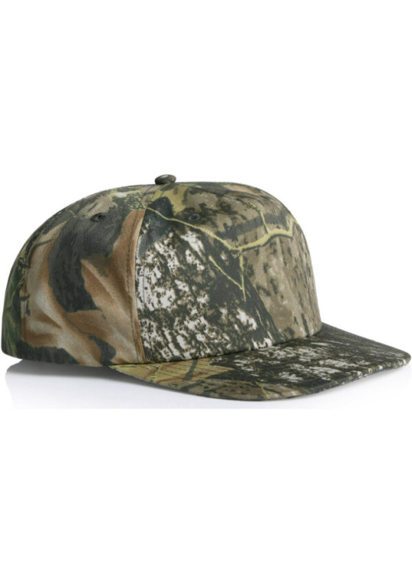 Camouflage pattern baseball cap with a curved brim on a white background