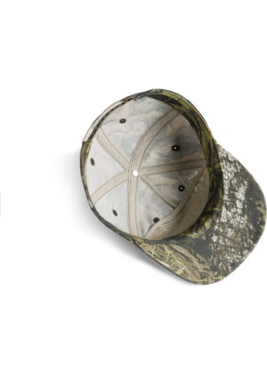 Camo baseball cap viewed from inside, showing inner panels and ventilation holes with the bill extending to the right.