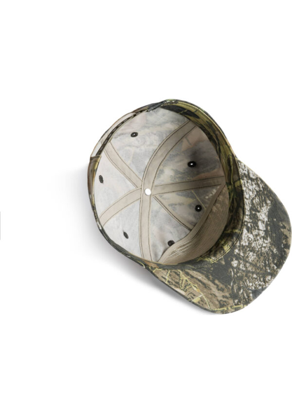 Camo baseball cap viewed from inside, showing inner panels and ventilation holes with the bill extending to the right.