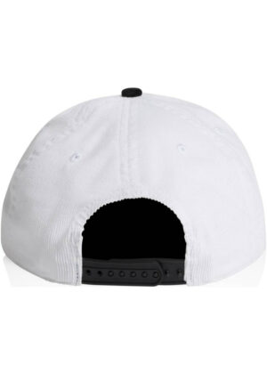 Back view of a white baseball cap with a black adjustable strap and small ventilation eyelets on the crown