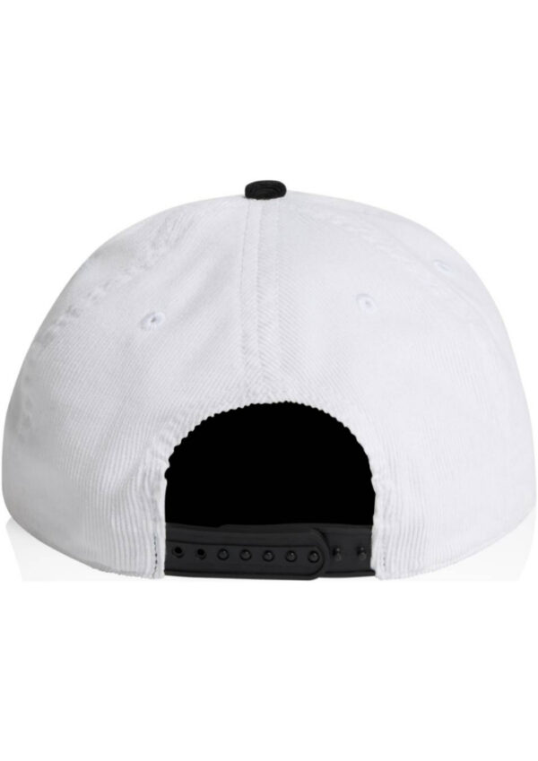 Back view of a white baseball cap with a black adjustable strap and small ventilation eyelets on the crown