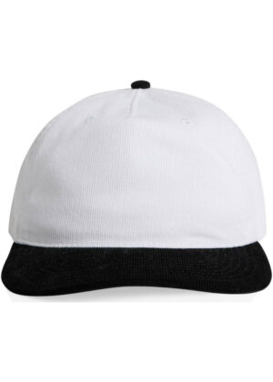 White baseball cap with a black brim, shown from the front against a plain background.
