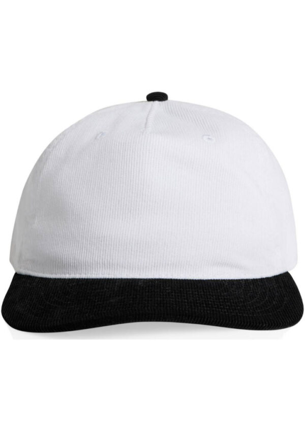 White baseball cap with a black brim, shown from the front against a plain background.