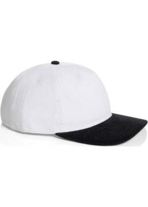 White baseball cap with a black curved brim viewed from the side (product photo).