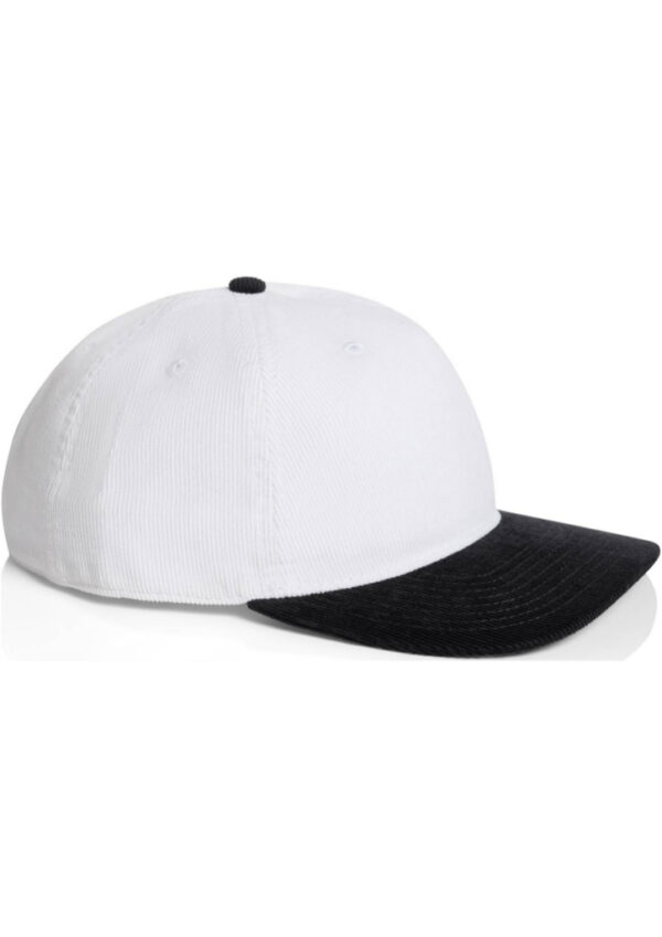 White baseball cap with a black curved brim viewed from the side (product photo).