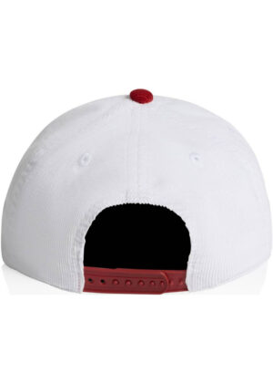 White baseball cap viewed from the back, showing a red adjustable strap and top button edge.