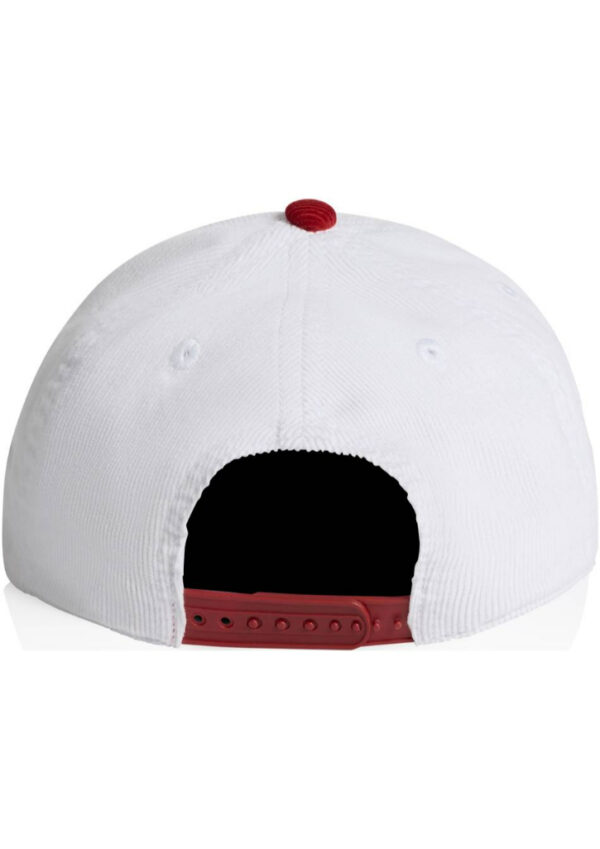 White baseball cap viewed from the back, showing a red adjustable strap and top button edge.