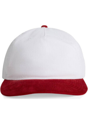 White baseball cap with a red brim on a plain background.