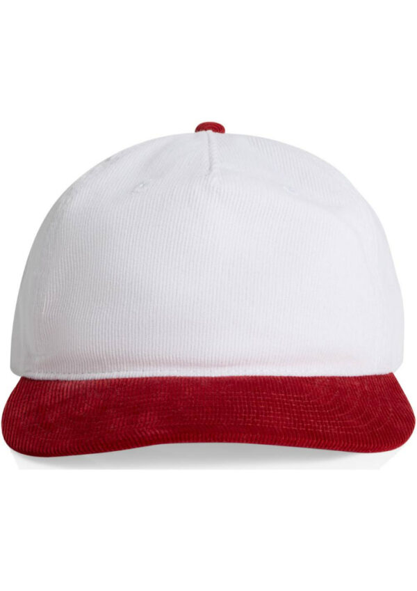 White baseball cap with a red brim on a plain background.