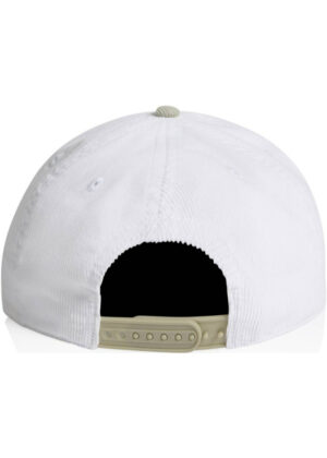 Back view of a white baseball cap with a beige plastic snap-back strap showing adjustable holes and closure.