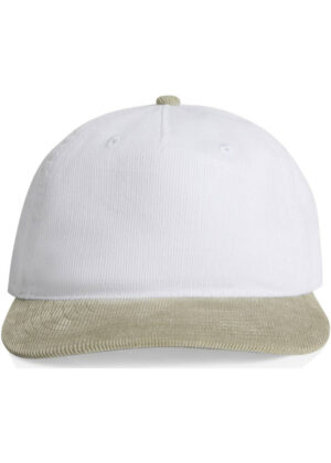 White baseball cap with a beige curved brim, front-facing view for product listing