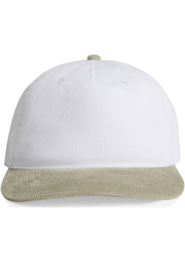 White baseball cap with a beige curved brim, front-facing view for product listing