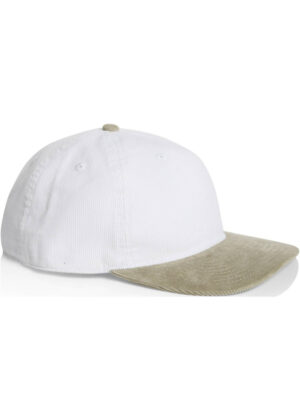 White baseball cap with a beige brim, shown from the side.