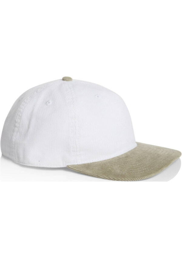 White baseball cap with a beige brim, shown from the side.