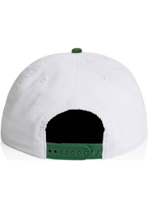 Back view of a white baseball cap with a green adjustable strap and snap closure
