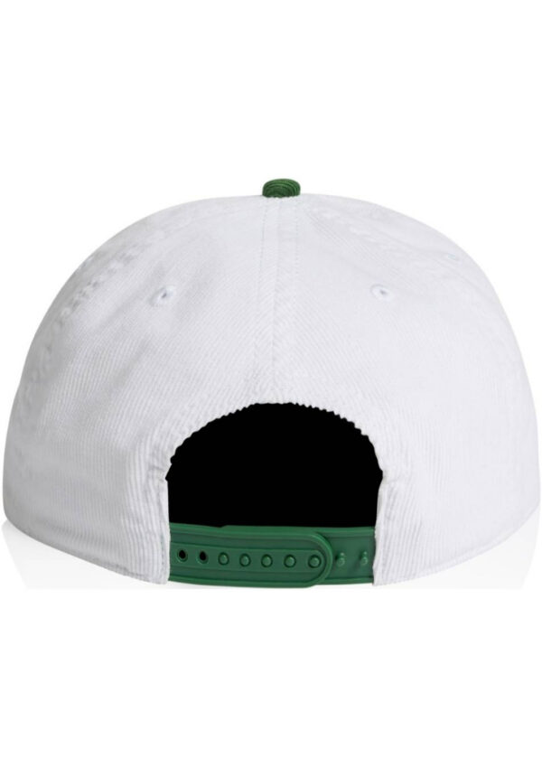 Back view of a white baseball cap with a green adjustable strap and snap closure