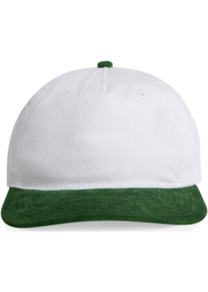 Front view of a white baseball cap with a green brim.