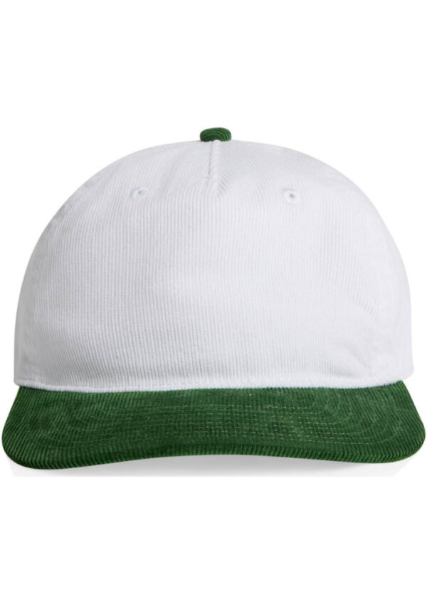 Front view of a white baseball cap with a green brim.