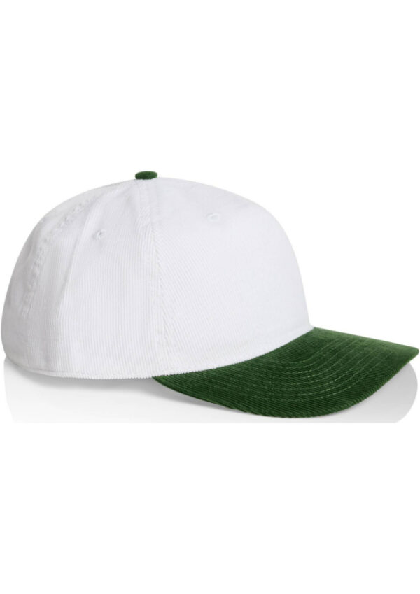 White baseball cap with a green curved brim on a white background.